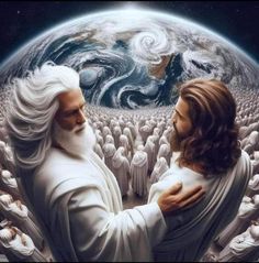 jesus and mary embracing each other in front of the earth with many people around them