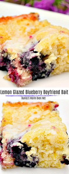 two pictures of lemon glazed blueberry boyfriend bar on a white plate with flowers in the background