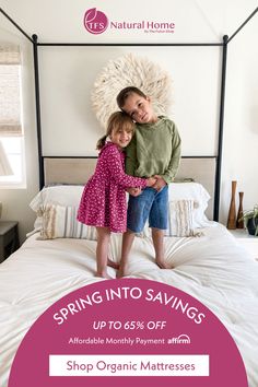 two children standing on a bed with the text spring into savings up to 65 % off