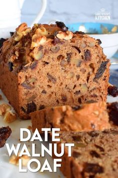 there is a loaf of bread with nuts on it and the title reads date walnut loaf