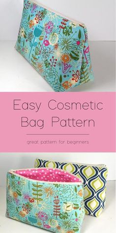 three bags with different patterns on them and the words easy cosmetic bag pattern written below