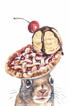 Watercolour painting of a squirrel wearing a pie with a scoop of ice cream as a hat Ice Cream Hat, Squirrel Watercolor, Cream Hat, Owl Watercolor, Raspberry Pie, Baby Squirrel, Photography Illustration