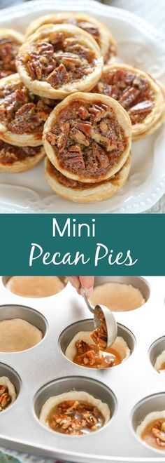 mini pecan pies in muffin tins on a white plate with text overlay