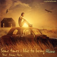 a man sitting on top of an old car in a field with birds flying overhead