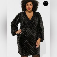 Brand New Black Torrid Sequin Dress. Holiday Formal Dresses, Colorful Dresses Formal, Pencil Silhouette, Surplice Dress, Sequin Shorts, Black Sequin Dress, Black Velvet Dress, Dress Images, Torrid Dresses