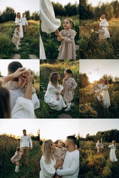 a collage of photos with people in the grass and one woman holding her child