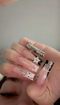 Long Nails With Charms Y2k, Y2k Nail Inspired, Long Nail Design Ideas, Y2k Long Nails, Every Nail Different Design, Y2k Nails Black, Med Nails, Rich Rich