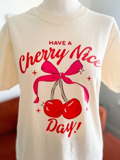 Wear a tee shirt and have a cherry nice day! Chloe Cherry Shirts, Chloe Cherry T Shirt, Red T-shirt For Summer Gift, Red Cherry Print Graphic Tee, Red Cotton T-shirt With Cherry Print, Red Cherry Print Short Sleeve Top, Red Cherry Print Crew Neck T-shirt, Red Cotton Tops As Gift, Red Cotton Top For Gift