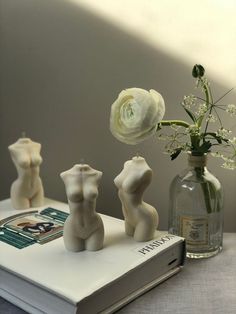 three small vases with flowers in them sitting on top of a book next to an open book