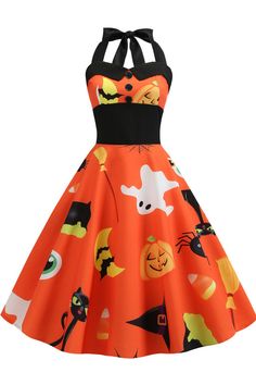 Halloween Halter Sleeveless Printed Dress. PRODUCT DETAILS SKU: JY-14055. Available In Orange, White, Black, Blue, 'As in picture'. Graduation, Party, Homecoming. Halter. Sleeveless. A-line. Tea, about 105-109 cm. Zipper Up. Polyester, Cotton, Print, Button. Halloween Dresses, Vintage Tea Dress, Retro Vintage Dresses, Dress Halloween Costume, Rock Design, Dress Gift, Halloween Prints, Halloween Dress, Halloween Women