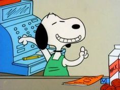 a cartoon character is standing in front of a cash register