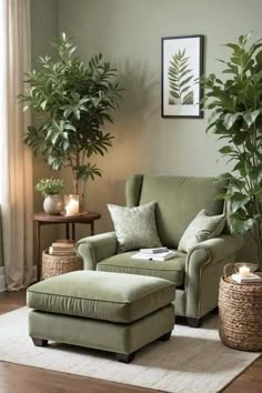 a living room filled with lots of green furniture and plants on top of a rug