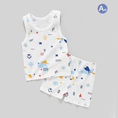 Toddler Boy Cartoon Fox Pattern Pajama Vest & Shorts - PrettyKid Cartoon Print Cotton Sleepwear For Summer, White Cartoon Print Sleepwear For Summer, Cotton Sleeveless Bedtime Sets, Sleeveless Cotton Bedtime Sets, Cartoon Print Bedtime Sets For Summer, Cute Sleeveless Bedtime Set, Summer Bedtime Sets With Cartoon Print, Cotton Shorts For Bedtime In Summer, Cartoon Print Cotton Short Sets