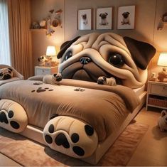 a bed with a pug design on the headboard and footrests, made to look like it is sleeping