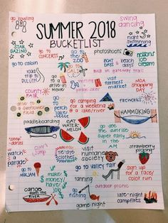 a piece of paper with writing on it that says summer 2018 bucket list and pictures