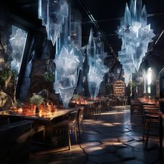 an artistic rendering of a restaurant with stone walls and large, crystal - like decorations