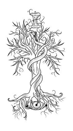 a drawing of a tree with roots and a snake in the center, on a white background