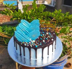 a chocolate cake with blue icing and sprinkles