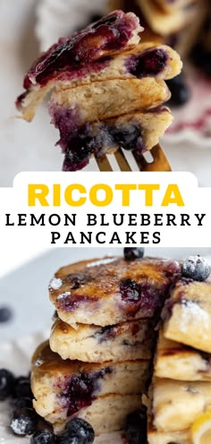 a stack of lemon blueberry pancakes on a plate