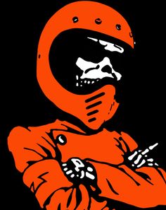 an orange and black drawing of a skeleton wearing a helmet with his arms crossed in front of him