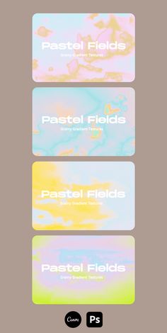 three different business cards with pastel colors and white writing on them, one has the words pastel fields