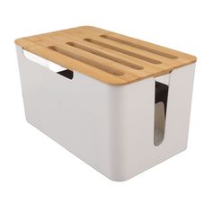 a white box with a wooden lid and handles