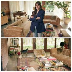 two pictures of a woman standing in front of a couch and coffee table with books on it