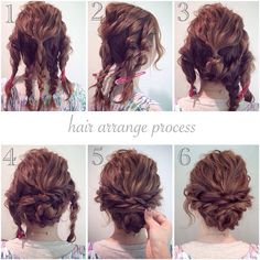 Love how they show this step by step in the pictures. Very pretty Sanggul Modern, Prom Hair Updo, Messy Updo, Hair Arrange, Prom Updos, Curly Girl Hairstyles, Short Hairstyle, Braided Updo