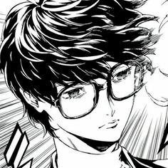 an anime character with glasses on his face and hair blowing in the wind behind him