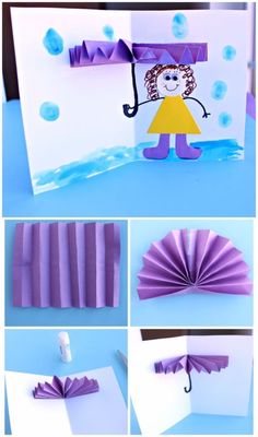 the instructions to make an umbrella card with tissue paper and glue on it for kids