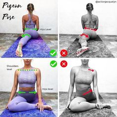 four different poses of a woman in yoga gear sitting on a mat with the instructions for how to do it