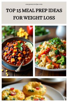 Collage of healthy meal prep ideas, including black bean soup, vegetable quinoa, and egg muffins.