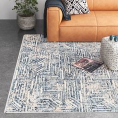 a living room area with a couch, rug and potted plant on the floor