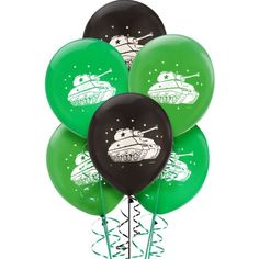 green and black balloons with tanks printed on them are arranged in a tower like arrangement