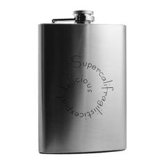 a stainless steel hip flask with the words, support us today on it's side