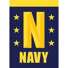 a navy blue and yellow poster with the letter n on it's side, surrounded by stars