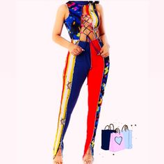 Multicolored Jumpsuit *Perfect For A Night Out Or Day Party* (Stretchy Fit) Red Stretch Jumpsuit For Party, Red Trendy Jumpsuits And Rompers For Party, Multicolor Bodysuit For Spring Party, Trendy Red Jumpsuits And Rompers For Party, Trendy Red Jumpsuit For Party, Multicolor Spring Bodysuit For Party, Red Trendy Party Jumpsuits And Rompers, Spring Party Multicolor Bodysuit, Sleeveless Jumpsuits And Rompers For Summer Costume Party