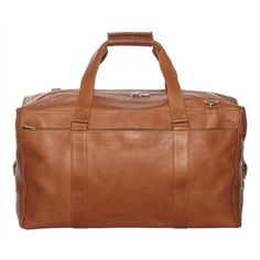 a brown leather duffel bag on a white background