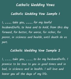 a wedding vows card with the words catholic wedding vows written in white on a green background