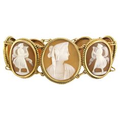 14k yellow gold bracelet with eight ladies portrait camee - with safety chain - length bracelet approx. 17 cm detailed description The bracelet is approx 17 cm long. With eight camee depicturing ladies portrait The biggest is 3.1 cm wide x 2.7 cm long. The smallest are 2.1 cm wide x 1.7 cm long weight 34.8 grams set with - 8 x (3.1 cm x 2.7 to 2.1 cm x 1.7 cm) camee color white brown clarity na Gemstones have often been treated to improve color or clarity. This has not been investigated for this specific object. bracelet is in good condition hallmark present, guaranteed 14k gold 20222320 Ladies Portrait, Gold Pearl Bracelet, Retro Bracelet, Gold Bracelet Set, 14k Yellow Gold Necklace, Antique Bracelets, Gold Armband, Onyx Bracelet, Safety Chain