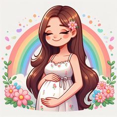 a pregnant woman standing in front of a rainbow with flowers on her head and smiling