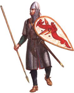 a man dressed in armor holding a shield and two spears with a red dragon on it