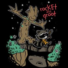 the rocket and groot t - shirt is on display in front of a black background