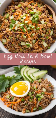 egg roll in a bowl with vegetables and an egg on top