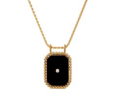 Sweet in both size and style, this Marie Lichtenberg necklace has a stark color and subtle sparkle. The rectangular ebony pendant is surrounded by a halo of shimmering white diamonds set in 18K yellow gold bezels. One tiny green enamel shamrock is set at the center of the front while an additional tiny diamond is on the back. It hangs from the short 18K yellow gold chain. total length : 15" : 18K yellow gold18K yellow gold, ebony and diamond scapular pendant : 1" x 5/8"diamonds : 1mm diameter ea Luxury Rectangular Diamond Necklace, Elegant Black Enamel Rectangular Jewelry, Luxury Diamond Necklace With Rectangular Pendant, Elegant Rectangular Black Enamel Jewelry, Luxury Rectangular Necklace For Evening, Luxury Black Rectangular Necklace, Luxury Rectangular Evening Necklace, Marie Lichtenberg, Scapular Necklace