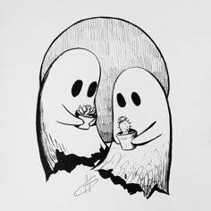 a drawing of two ghost heads with one holding a flower