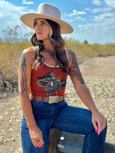 Keeping it vintage with tank. Fitted ribbed tank featuring a bronc rider and a lace trim. Perfectly paired with some dark denim jeans and cowboy boots. Material: 75 POLYESTER/20 COTTON/5 SPANDEX This is a FITTED tank, size up if you want a looser fit Small: 27” bust, 19” length  Medium: 31” bust, 19” length  Large: 32” Jeans And Cowboy Boots, Bronc Rider, Outdoor Girls, Dark Denim Jeans, Ribbed Tank