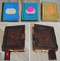 four different types of leather books sitting on top of a table