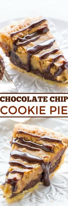 chocolate chip cookie pie on a white plate with the words chocolate chip cookie pie above it