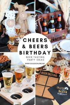 a collage of photos with beer and other items on the table for a birthday party